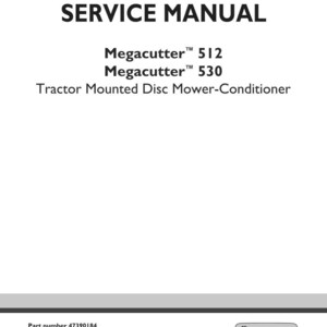 May include: A white service manual cover with the title "SERVICE MANUAL" in bold black letters. Below, it lists "Megacutter 512" and "Megacutter 530" with "Tractor Mounted Disc Mower-Conditioner" underneath. The New Holland Agriculture logo is at the bottom.