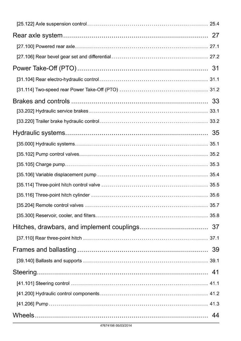 K&ouml;nnte beinhalten: Ein detailliertes Inhaltsverzeichnis aus einem Handbuch mit verschiedenen mechanischen Systemen. Abschnitte umfassen Hinterachse, Zapfwelle, Bremsen, Hydrauliksysteme, Anh&auml;ngerkupplungen, Lenkung und R&auml;der. Die Seite ist wei&szlig; mit schwarzem Text und Zahlen.