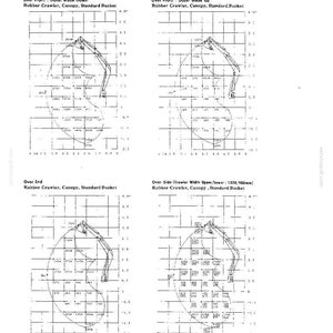 May include: A technical specification document for the SK015 model excavator, featuring four black and white line diagrams on a grid. The diagrams illustrate operating ranges for a rubber crawler, canopy, and standard bucket configuration.