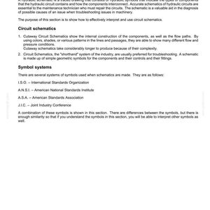 May include: A page from a manual titled "Hydraulic systems - Hydraulic systems" with text explaining how to interpret hydraulic schematic symbols. The text includes sections on circuit schematics and symbol systems, with a date and page number at the bottom.