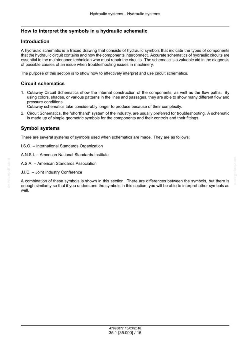 May include: A page from a manual titled "Hydraulic systems - Hydraulic systems" with text explaining how to interpret hydraulic schematic symbols. The text includes sections on circuit schematics and symbol systems, with a date and page number at the bottom.