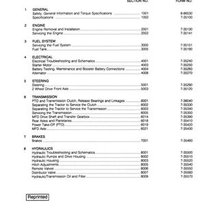 May include: A printed table of contents for 2100 Series Tractors, listing sections like Engine, Fuel System, Electrical, Steering, Transmission, Brakes, and Hydraulics. Includes form numbers and section numbers.