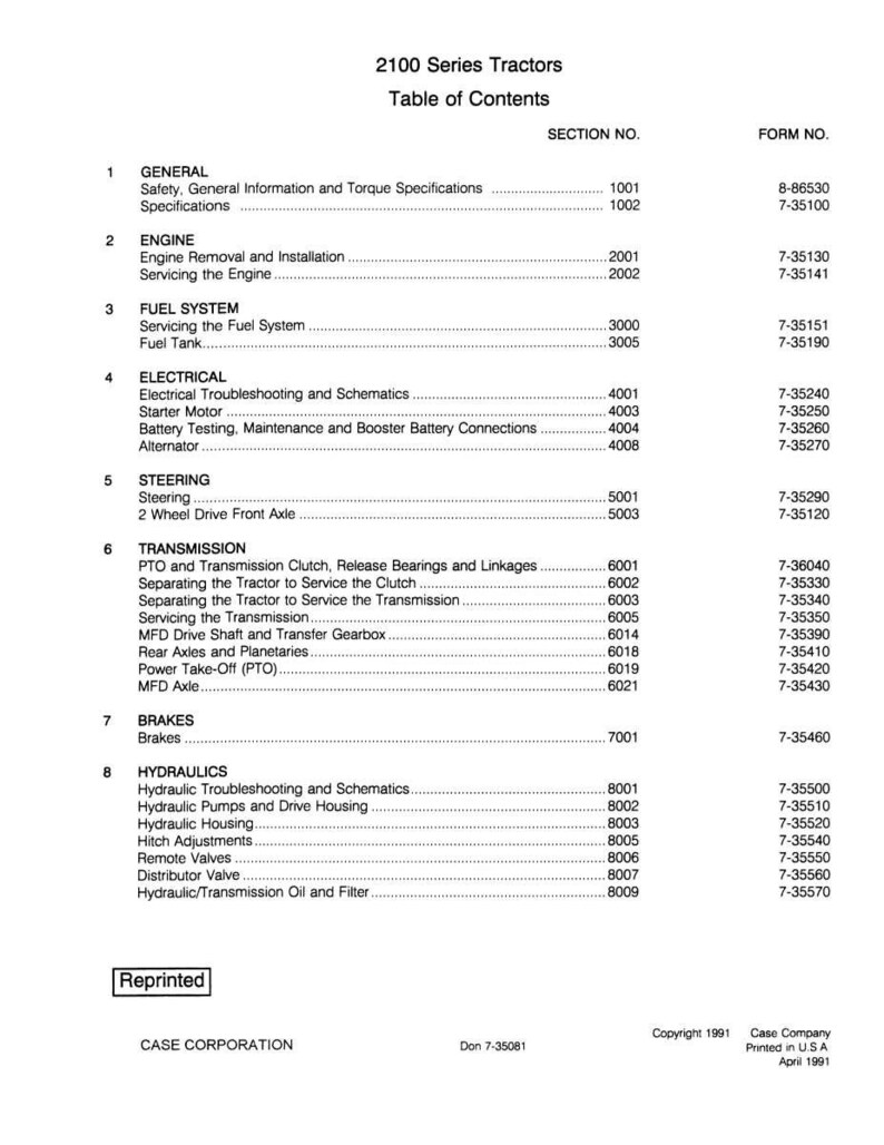 May include: A printed table of contents for 2100 Series Tractors, listing sections like Engine, Fuel System, Electrical, Steering, Transmission, Brakes, and Hydraulics. Includes form numbers and section numbers.