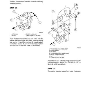 May include: Diagram of transmission installation steps, including cap screws, washers, and brackets. Instructions detail aligning bolt holes and tightening screws to specific torque values. Text includes "INSTALLATION OF THE TRANSMISSION".