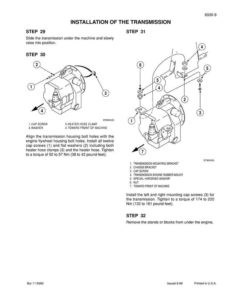 May include: Diagram of transmission installation steps, including cap screws, washers, and brackets. Instructions detail aligning bolt holes and tightening screws to specific torque values. Text includes "INSTALLATION OF THE TRANSMISSION".