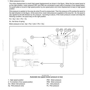 May include: Diagram of an auto two-speed change mechanism for a hydraulic travel system. The diagram includes labels for motor pressure, pilot pressure, and other components. Text explains the mechanism's function.