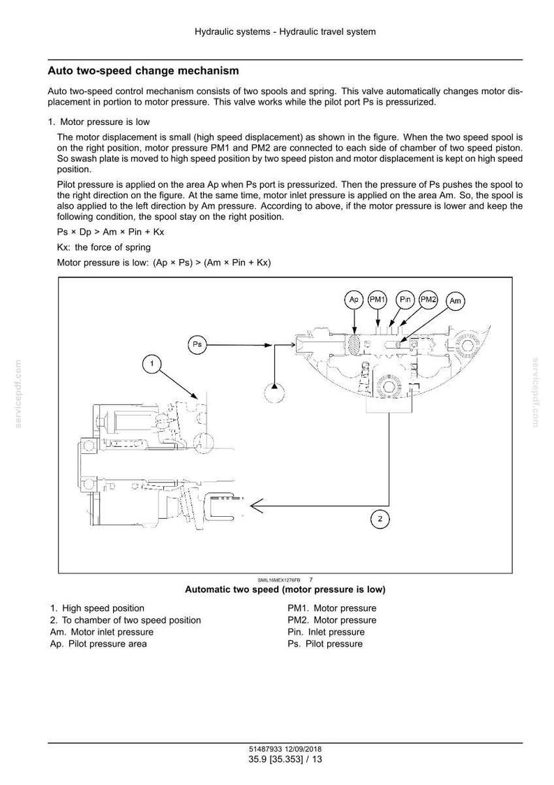 May include: Diagram of an auto two-speed change mechanism for a hydraulic travel system. The diagram includes labels for motor pressure, pilot pressure, and other components. Text explains the mechanism's function.