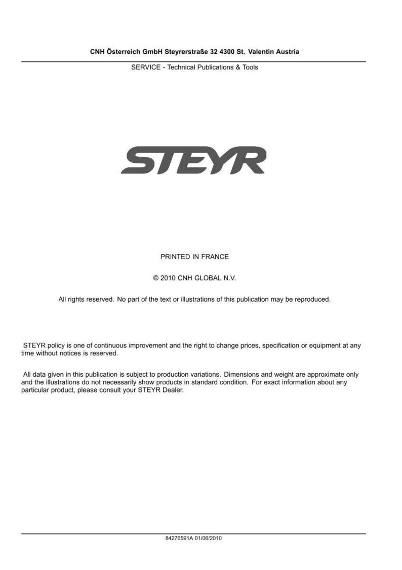 May include: A white document page featuring the STEYR logo in black text. The header includes CNH &Ouml;sterreich GmbH address details and the text SERVICE - Technical Publications & Tools. The footer contains copyright information and the code 84276591A 01/06/2010.