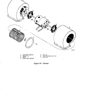 Puede incluir: Un diagrama expl&iacute;cito de un conjunto de soplador, etiquetado como Figura 39. Los componentes incluyen carcasas izquierda y derecha, juntas, un motor, un ventilador, clips de retenci&oacute;n y anillos. La imagen es en blanco y negro.