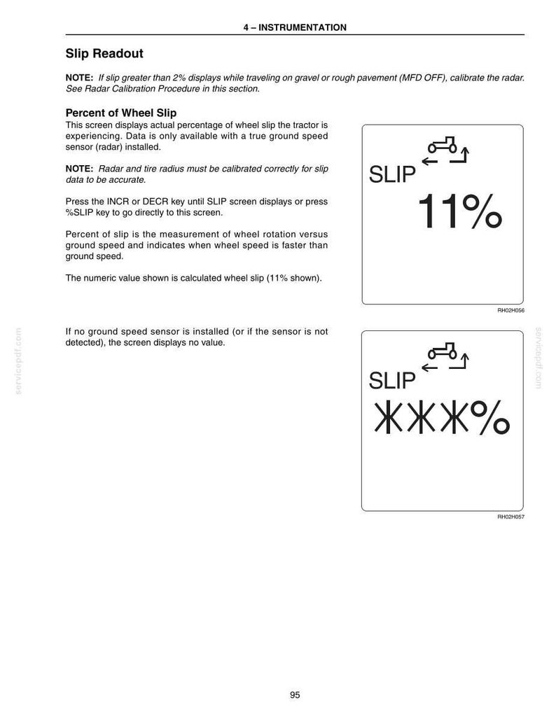 Puede incluir: Una p&aacute;gina de un manual de instrumentaci&oacute;n que muestra dos ejemplos de una lectura de "Slip". El primero muestra "SLIP" y "11%" con un s&iacute;mbolo de flecha. El segundo muestra "SLIP" y "ЖЖЖ%" con un s&iacute;mbolo de flecha.