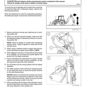 May include: Diagram of a telescopic dipper with safety instructions. The image includes a side view of a construction vehicle and detailed diagrams of its components. Text warns of injury and provides operational guidelines.