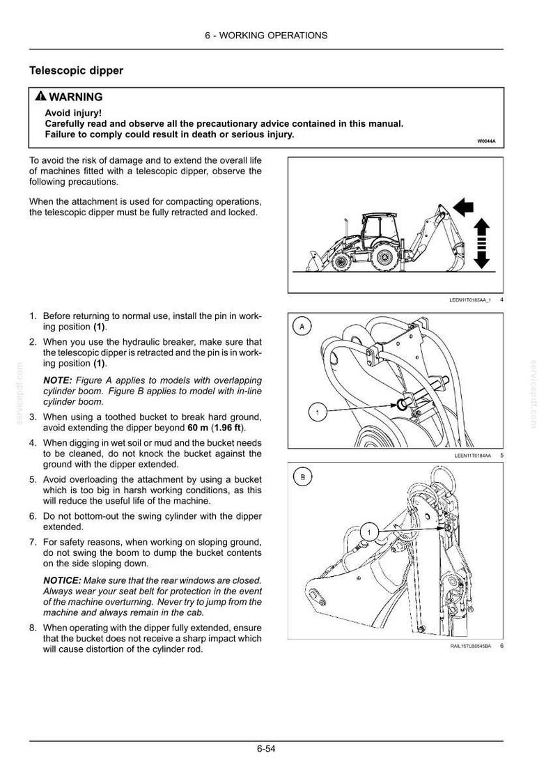 May include: Diagram of a telescopic dipper with safety instructions. The image includes a side view of a construction vehicle and detailed diagrams of its components. Text warns of injury and provides operational guidelines.