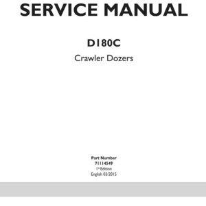 May include: A white service manual with the text "SERVICE MANUAL" in large, bold, black letters. Below, it reads "D180C Crawler Dozers." The bottom of the page includes the New Holland Construction logo and part number information.