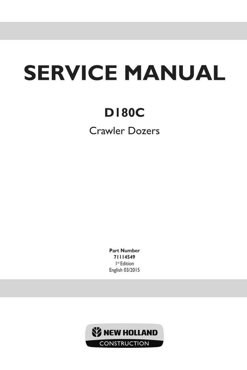 May include: A white service manual with the text "SERVICE MANUAL" in large, bold, black letters. Below, it reads "D180C Crawler Dozers." The bottom of the page includes the New Holland Construction logo and part number information.