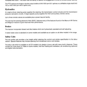May include: A page of text detailing tractor specifications. Sections include PTO, Hydraulics, Brakes, and Safety Cabs. The text describes features like a hydraulically operated multiplate wet clutch and an engine-driven steering pump.