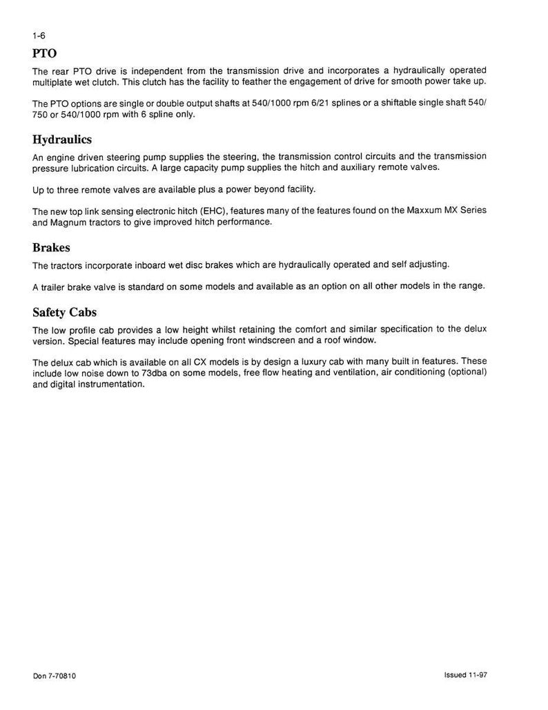May include: A page of text detailing tractor specifications. Sections include PTO, Hydraulics, Brakes, and Safety Cabs. The text describes features like a hydraulically operated multiplate wet clutch and an engine-driven steering pump.
