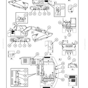 May include: Diagram of a CASE excavator with labeled parts, including the cab, arm, and tracks. The diagram is labeled with numbers and letters for safety information.