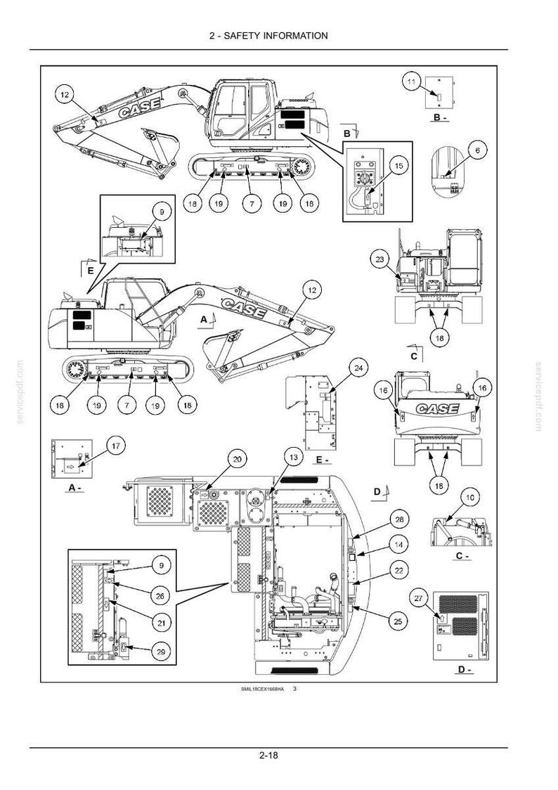 May include: Diagram of a CASE excavator with labeled parts, including the cab, arm, and tracks. The diagram is labeled with numbers and letters for safety information.