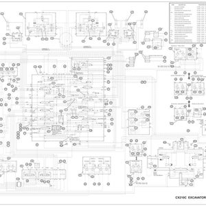 Puede incluir: Un diagrama esquem&aacute;tico detallado en blanco y negro del sistema hidr&aacute;ulico de una excavadora CX210C. El diagrama incluye numerosos componentes interconectados, l&iacute;neas y etiquetas, con texto que indica el modelo de la excavadora y detalles del esquema.