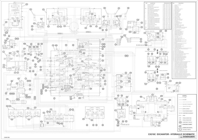 Puede incluir: Un diagrama esquem&aacute;tico detallado en blanco y negro del sistema hidr&aacute;ulico de una excavadora CX210C. El diagrama incluye numerosos componentes interconectados, l&iacute;neas y etiquetas, con texto que indica el modelo de la excavadora y detalles del esquema.