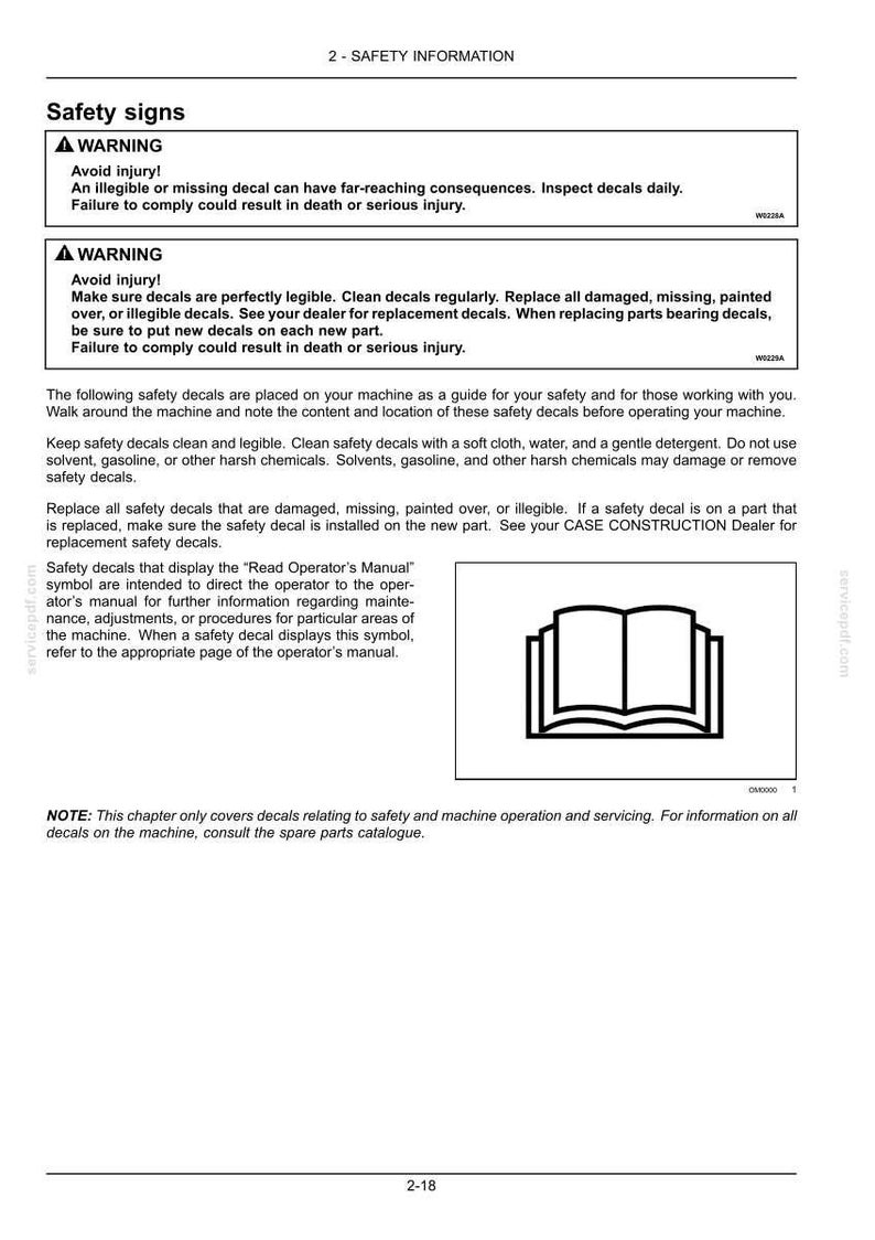 May include: A page from a manual with safety information. The text includes warnings about safety decals and instructions for their maintenance and replacement. An open book symbol is also present.