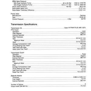 May include: A detailed technical specification sheet for a steering unit and transmission components. Includes measurements in inches and PSI, with information on pressure, wear limits, and dimensions. Printed in the USA.