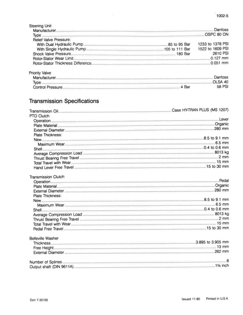 May include: A detailed technical specification sheet for a steering unit and transmission components. Includes measurements in inches and PSI, with information on pressure, wear limits, and dimensions. Printed in the USA.