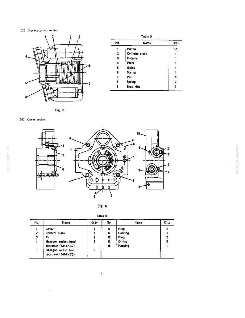 May include: A technical engineering diagram showing the rotary group section in Fig. 5 and the cover section in Fig. 6. The document includes detailed cross-sectional views, numbered component labels, and corresponding parts tables for mechanical assembly.