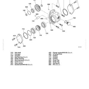May include: A technical exploded view diagram titled PUMP DEVICE E265B-E305B showing the disassembly and assembly of a PTO gear casing. It features numbered components including gears, bearings, O-rings, snap rings, bolts, and a gear casing housing.