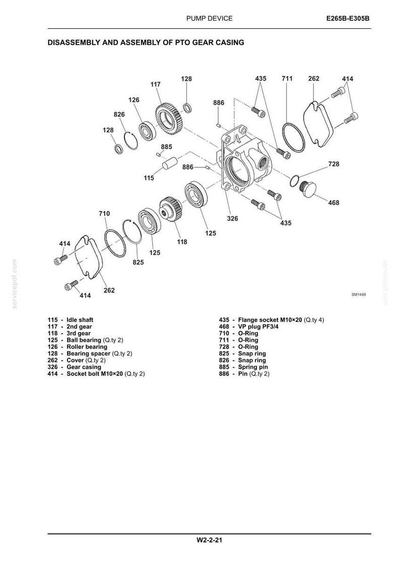 May include: A technical exploded view diagram titled PUMP DEVICE E265B-E305B showing the disassembly and assembly of a PTO gear casing. It features numbered components including gears, bearings, O-rings, snap rings, bolts, and a gear casing housing.