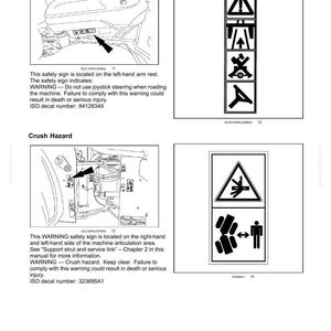 May include: A technical manual page titled 2-SAFETY INFORMATION featuring two sections. The first, Joystick steering (Optional), shows a diagram of an armrest and a warning decal. The second, Crush Hazard, displays a machine articulation area diagram and a corresponding warning decal with a person icon and hazard symbols. Text includes warnings about death or serious injury and ISO decal numbers 84128349 and 323695A1.
