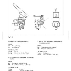 Pu&ograve; includere: Schema tecnico di un sistema elettrico con pressostati. Include dati tecnici, dettagli dei cavi e specifiche per luci di stop, interruzione della trasmissione e pressostati a bassa pressione.