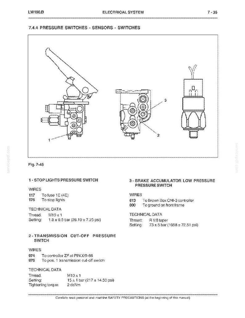 Pu&ograve; includere: Schema tecnico di un sistema elettrico con pressostati. Include dati tecnici, dettagli dei cavi e specifiche per luci di stop, interruzione della trasmissione e pressostati a bassa pressione.