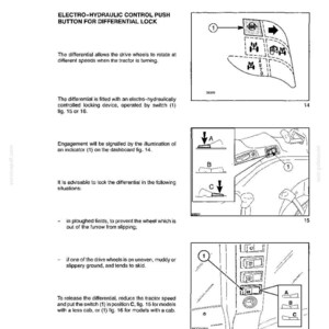 May include: A technical manual page titled Electro-Hydraulically Controlled Differential Lock, featuring diagrams of a tractor control switch, labeled 1, with positions A, B, and C, illustrating the operation of the differential locking device.