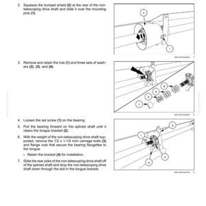 May include: Diagram illustrating the removal of a rear non-telescoping drive shaft. The image shows numbered steps with accompanying diagrams of the shaft, bolts, and washers. Text includes instructions and part numbers for the Power Take-Off (PTO) system.