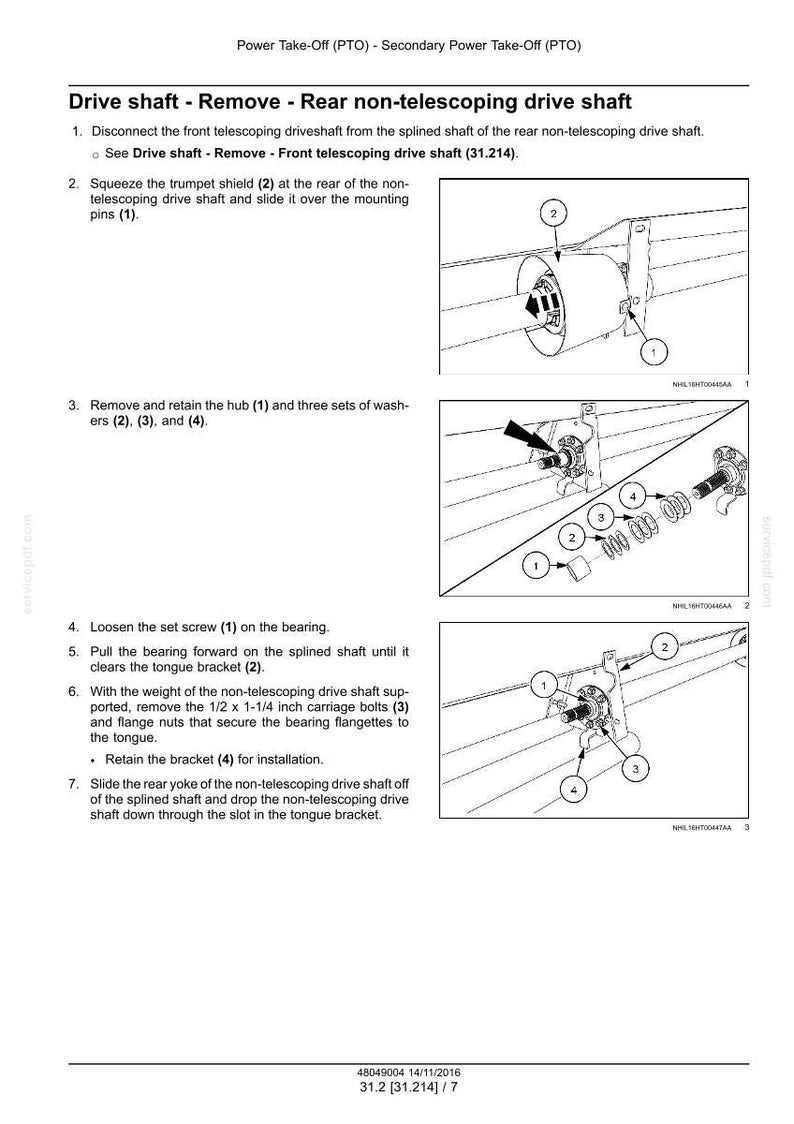 May include: Diagram illustrating the removal of a rear non-telescoping drive shaft. The image shows numbered steps with accompanying diagrams of the shaft, bolts, and washers. Text includes instructions and part numbers for the Power Take-Off (PTO) system.