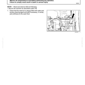 May include: A page from a maintenance manual with the title "Check the windshield washer fluid reservoir/topping up." The page includes a warning about hot surfaces and an illustration of a vehicle component.