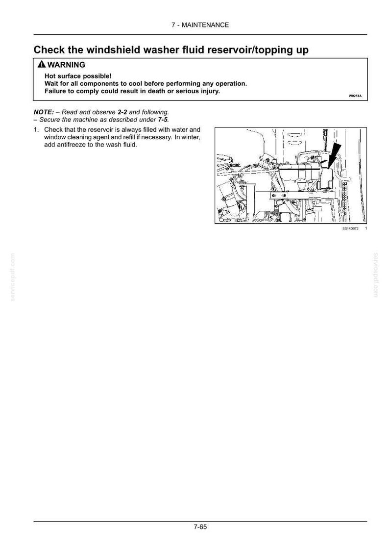 May include: A page from a maintenance manual with the title "Check the windshield washer fluid reservoir/topping up." The page includes a warning about hot surfaces and an illustration of a vehicle component.