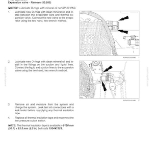 May include: Diagram detailing the installation of an expansion valve, with clear instructions and accompanying illustrations. Includes steps for lubricating O-rings and connecting lines. The thermal insulation tape is available in 9150 mm x 63.5 mm bulk rolls.