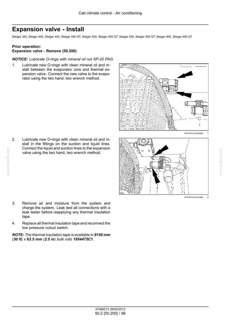 May include: Diagram detailing the installation of an expansion valve, with clear instructions and accompanying illustrations. Includes steps for lubricating O-rings and connecting lines. The thermal insulation tape is available in 9150 mm x 63.5 mm bulk rolls.