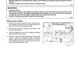 Puede incluir: P&aacute;gina de un manual de mantenimiento que detalla la extracci&oacute;n e instalaci&oacute;n de la bater&iacute;a. Incluye advertencias de seguridad sobre piezas pesadas y riesgos qu&iacute;micos, junto con instrucciones paso a paso y una ilustraci&oacute;n del compartimento de la bater&iacute;a.