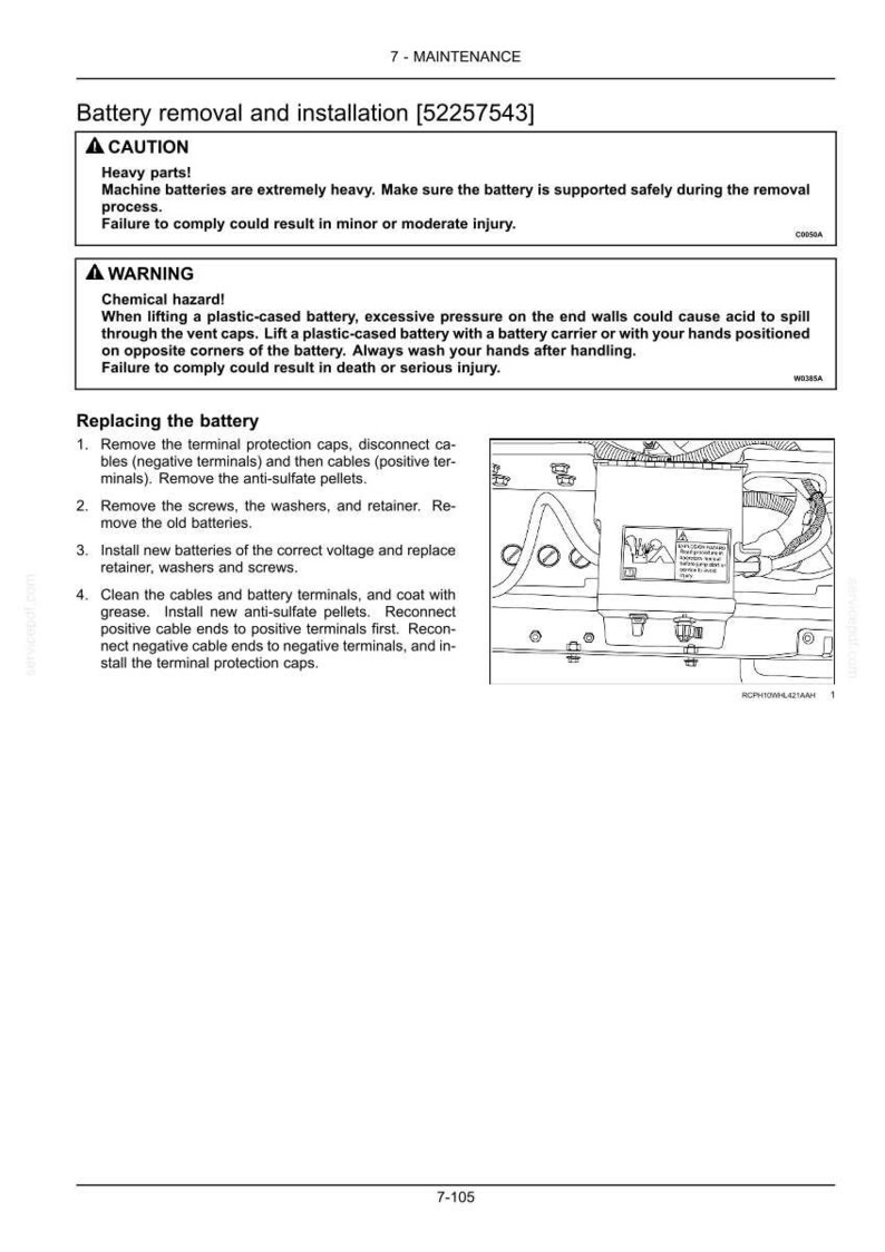 Puede incluir: P&aacute;gina de un manual de mantenimiento que detalla la extracci&oacute;n e instalaci&oacute;n de la bater&iacute;a. Incluye advertencias de seguridad sobre piezas pesadas y riesgos qu&iacute;micos, junto con instrucciones paso a paso y una ilustraci&oacute;n del compartimento de la bater&iacute;a.