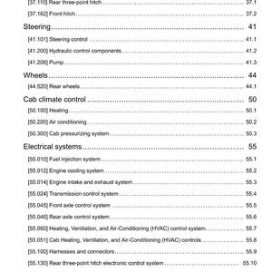 May include: A detailed table of contents from a manual, listing various systems and components. Sections include steering, wheels, cab climate control, and electrical systems. The document is dated 10/05/2014.