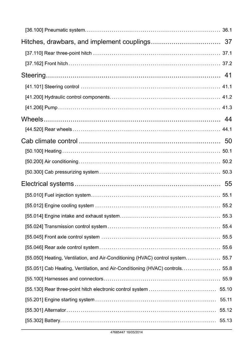 May include: A detailed table of contents from a manual, listing various systems and components. Sections include steering, wheels, cab climate control, and electrical systems. The document is dated 10/05/2014.