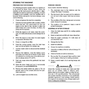 May include: A manual page with instructions on machine storage. It covers preparation, periodic checks, and starting procedures. The text includes advice on fuel, oil, and battery maintenance, plus a warning symbol.
