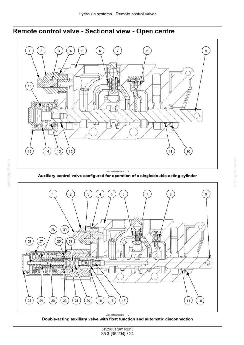 May include: Diagram of a remote control valve, sectional view, with open center. The image shows a detailed technical illustration of the valve's internal components, labeled with numbers. The diagram includes an auxiliary control valve and a double-acting auxiliary valve.