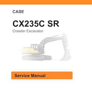 Op de afbeelding: Een witte achtergrond met een oranje kop- en voettekst. De tekst "CASE" staat bovenaan, gevolgd door "CX235C SR" in vette zwarte letters. Daaronder staat "Crawler Excavator" in een kleiner lettertype. Een illustratie van een graafmachine staat in het midden. De tekst "Service Manual" staat in een oranje rechthoek onderaan.