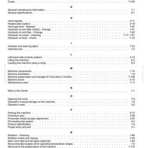 Puede incluir: Un &iacute;ndice detallado de un manual, con varias secciones y n&uacute;meros de p&aacute;gina. El texto es negro sobre un fondo blanco. Las secciones incluyen el sistema de combustible, el mantenimiento general y los componentes de la m&aacute;quina.