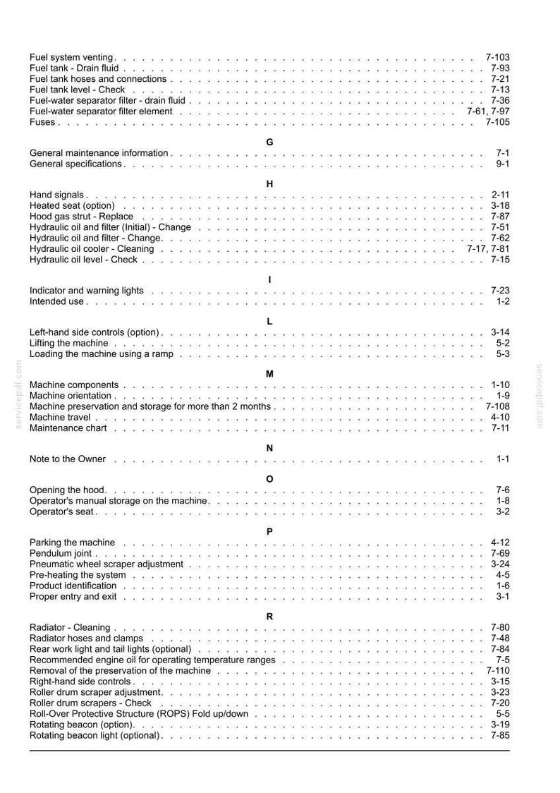 Puede incluir: Un &iacute;ndice detallado de un manual, con varias secciones y n&uacute;meros de p&aacute;gina. El texto es negro sobre un fondo blanco. Las secciones incluyen el sistema de combustible, el mantenimiento general y los componentes de la m&aacute;quina.