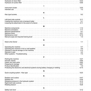 May include: A detailed table of contents from a manual, featuring various sections like hydraulic systems, safety procedures, and machine operation. The text is in black font on a white background.
